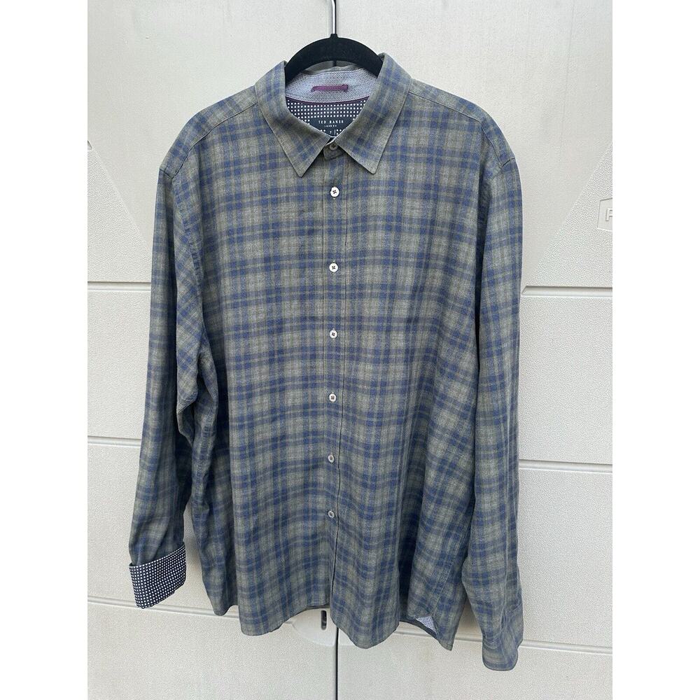 Ted Baker Blue Plaid Flip Cuff Flannel Shirt Mens Button Up Long Sleeve Sz 7/3XL